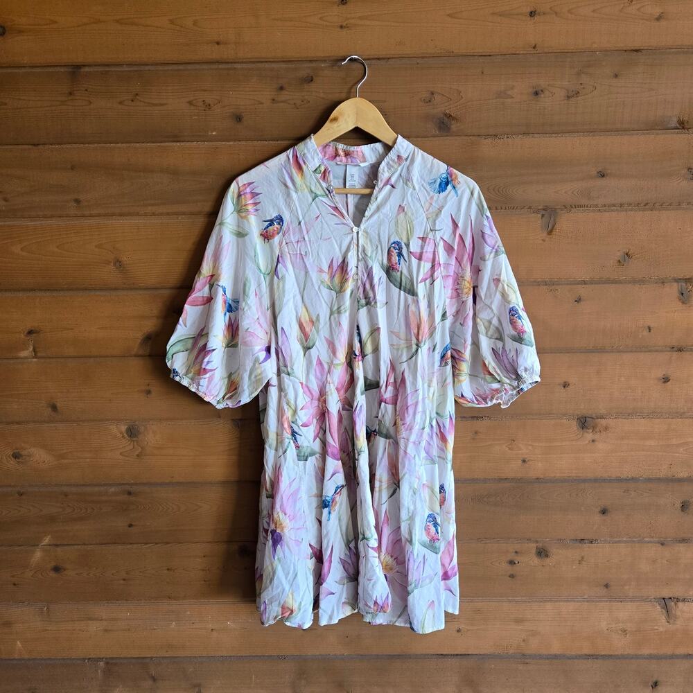 H&M Floral Tunic Dress Cream Cottagecore Boho Preppy Watercolor M Flowy Summer - Picture 2 of 5